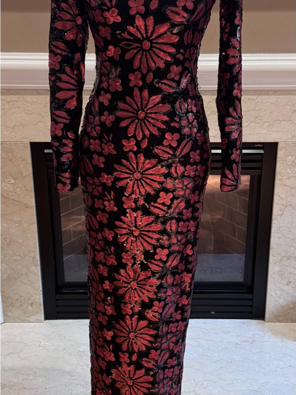Va Va Voom Red and Black Long Sleeve Sequin Formal Dress